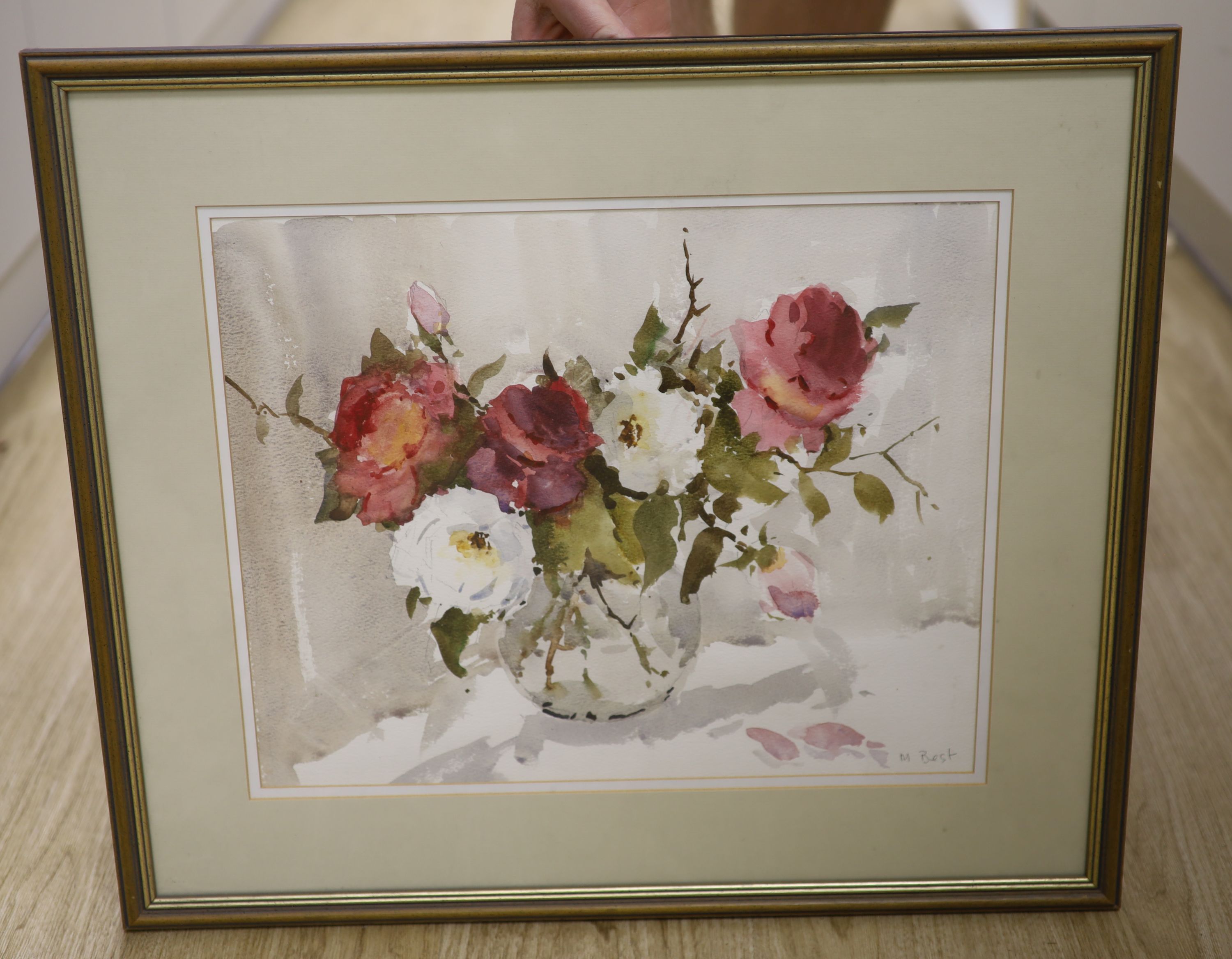 Diana Scott, watercolour, yachts in harbour, 28 x 38cm and a watercolour of Roses by M.Best, 33 x 40cm.